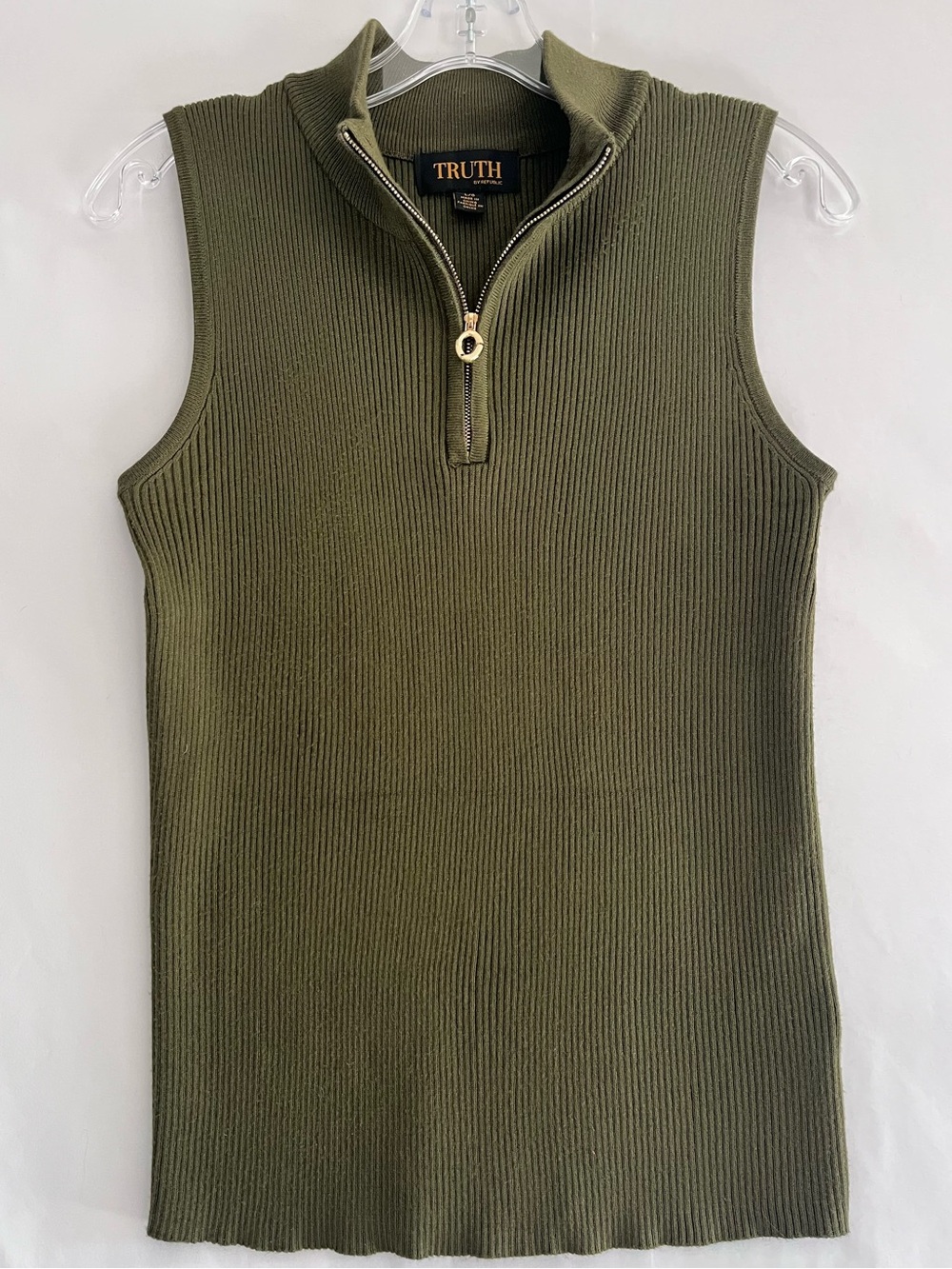 Truth by Republic Olive Quarter-Zip Ribbed Sleeveless Mock Neck Sweater Top L